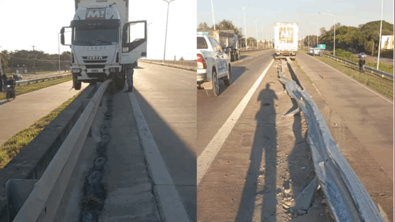 Un camión de gran porte perdió el control y quedó colgado en el viaducto