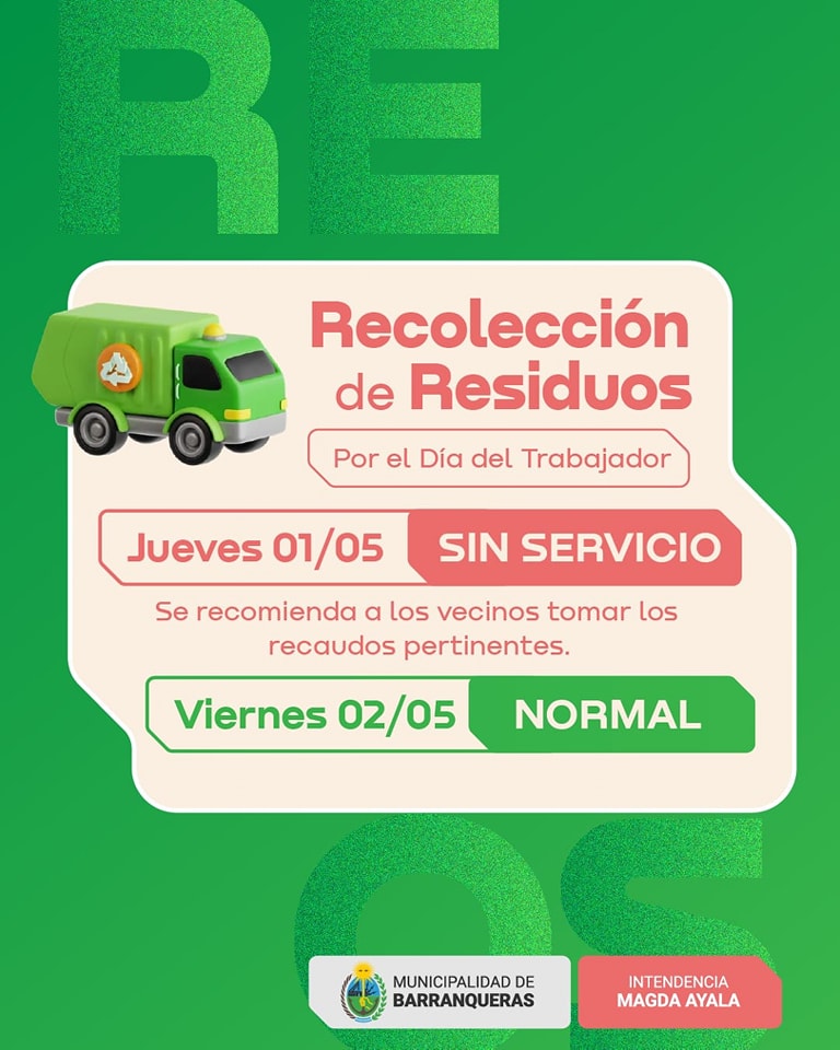 Este jueves no hay recolección de residuos en Barranqueras