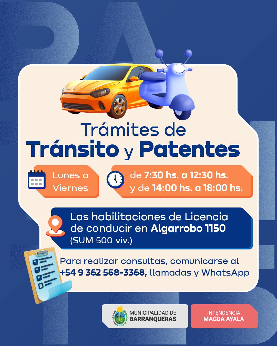 El Municipio de Barranqueras recuerda el número de contacto de la Dirección de Transito y Patentes