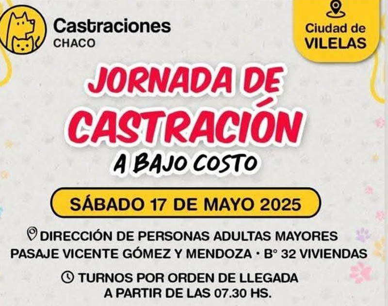 Se realizará una Jornada de castración a bajo costo en Vilelas