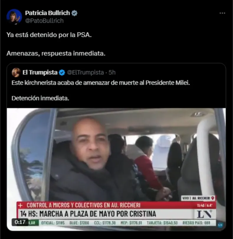 Detienen a un militante por amenazar de muerte a Javier Milei durante una marcha
