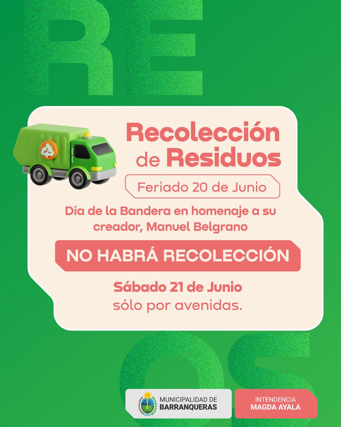 Barranqueras: no habrá recolección de residuos durante el feriado del 20 de junio